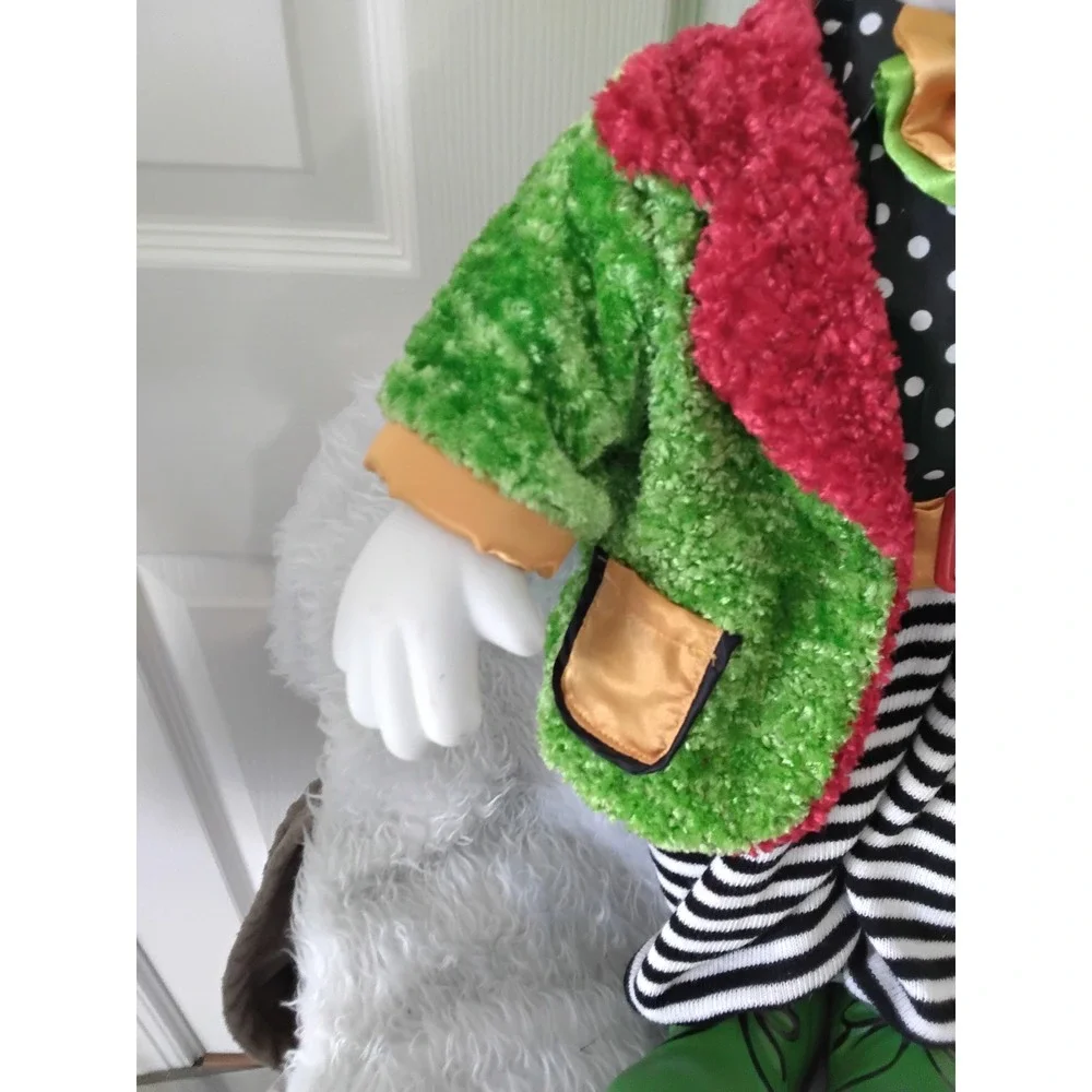 Vintage‎ 24 Inch Porcelain Clown Doll Green Fuzzy Jacket Striped Pants Stand
